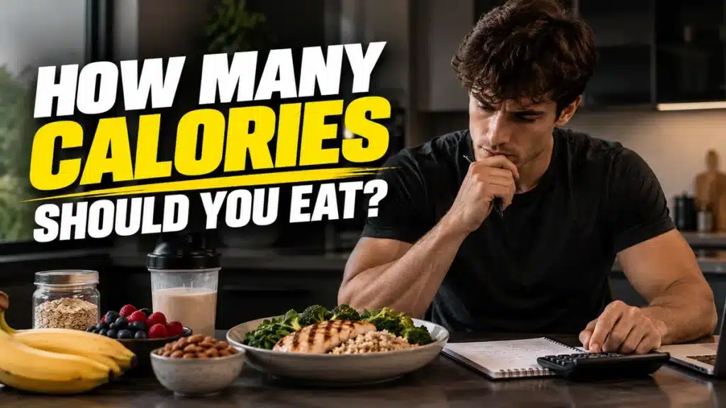 Man calculating how many calories he should eat at a kitchen table with a balanced meal