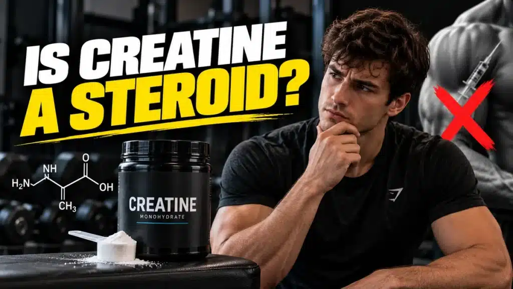 Man wondering if creatine is a steroid next to a tub of creatine monohydrate