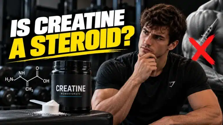 Man wondering if creatine is a steroid next to a tub of creatine monohydrate